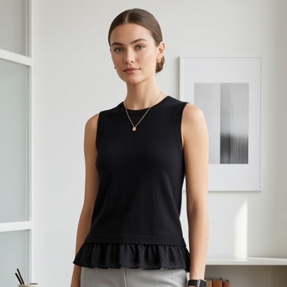 NWOT J. Crew Knit Tank Top Ruffle Swiss Dot Hem Black S Clean Girl  Preppy